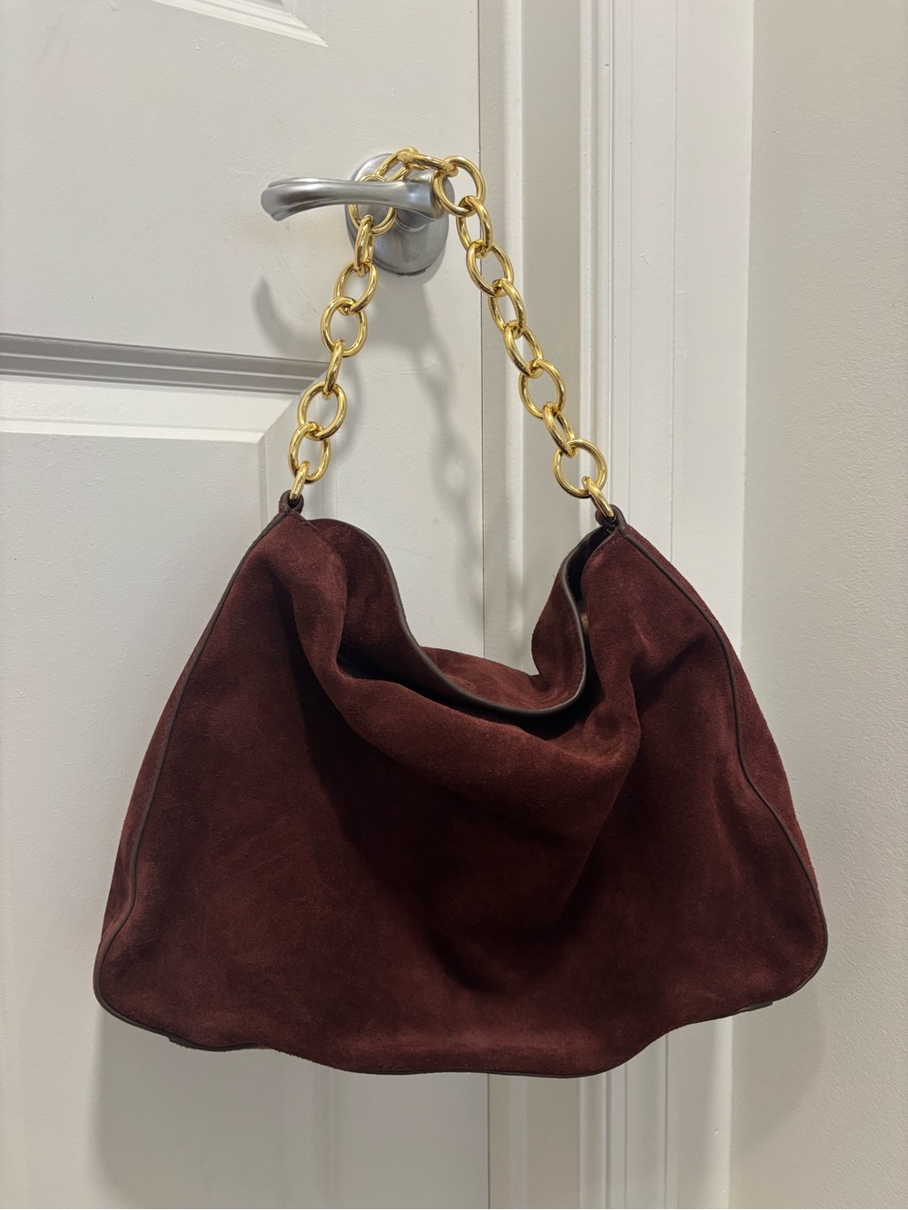 J. Crew Burgundy Suede Hobo with Gold Chain Strap